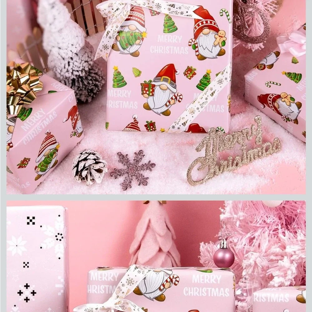 Festive Pink Christmas Holiday Wrapping Paper Two Rolls - nutcracker and gnomes